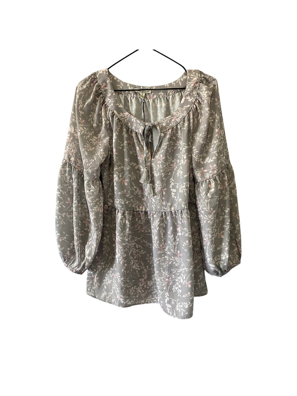Emma & Olivia Long Puff Sleeve Gray Floral Boho Blouse Top Sz S NWT